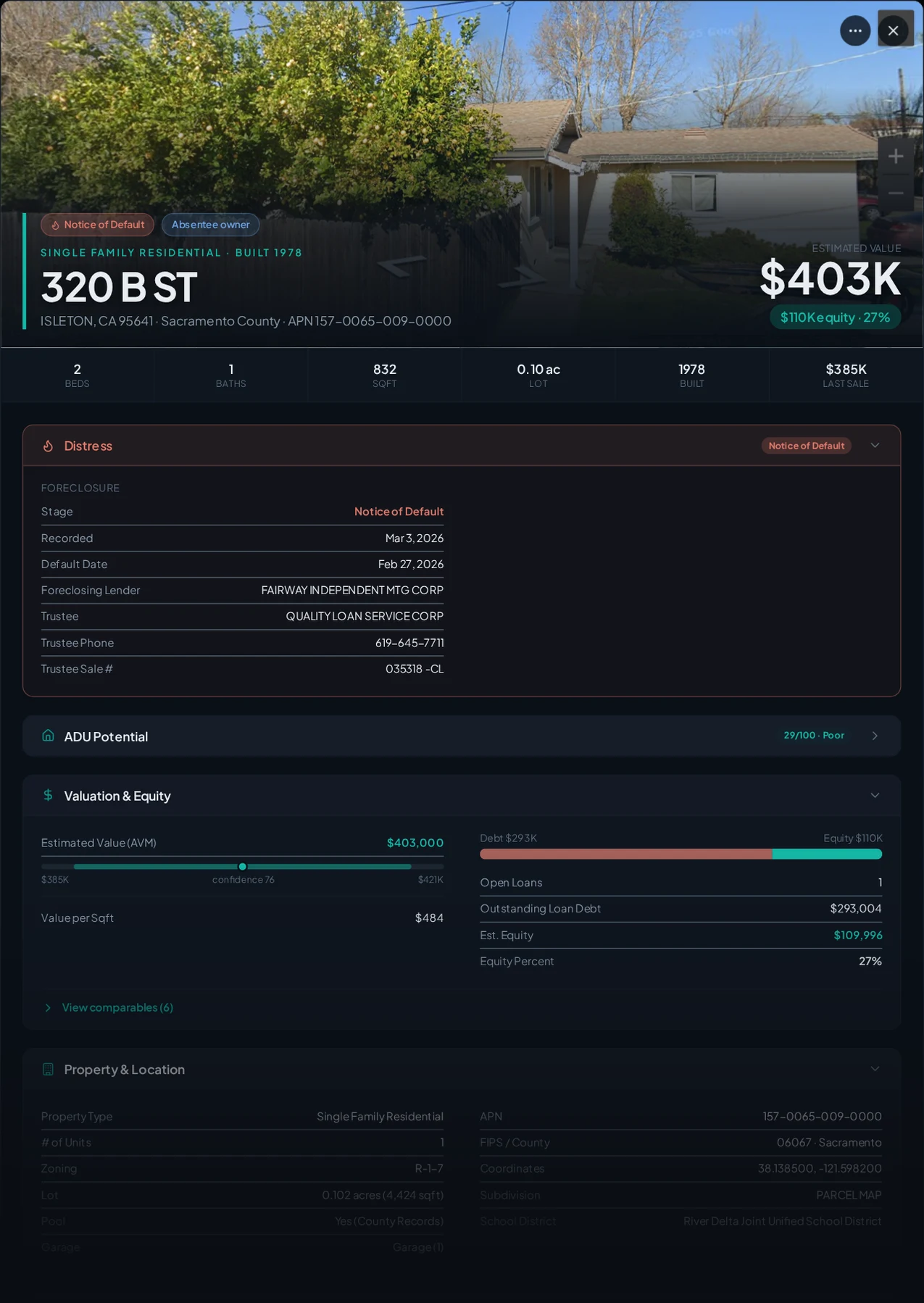 A real Isleton, California foreclosure record in Properant — stage, recorded dates, lender, trustee, loans, liens, and equity on one page