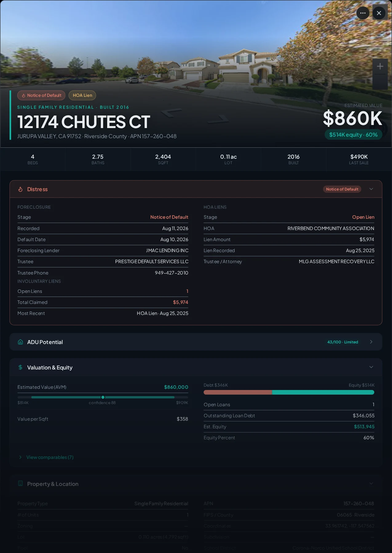 A real Jurupa Valley, California foreclosure record in Properant — stage, recorded dates, lender, trustee, loans, liens, and equity on one page