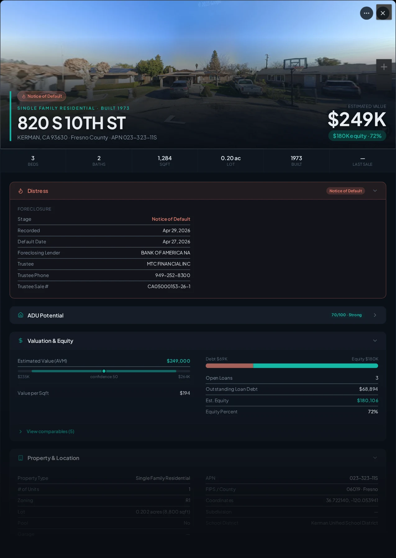 A real Kerman, California foreclosure record in Properant — stage, recorded dates, lender, trustee, loans, liens, and equity on one page
