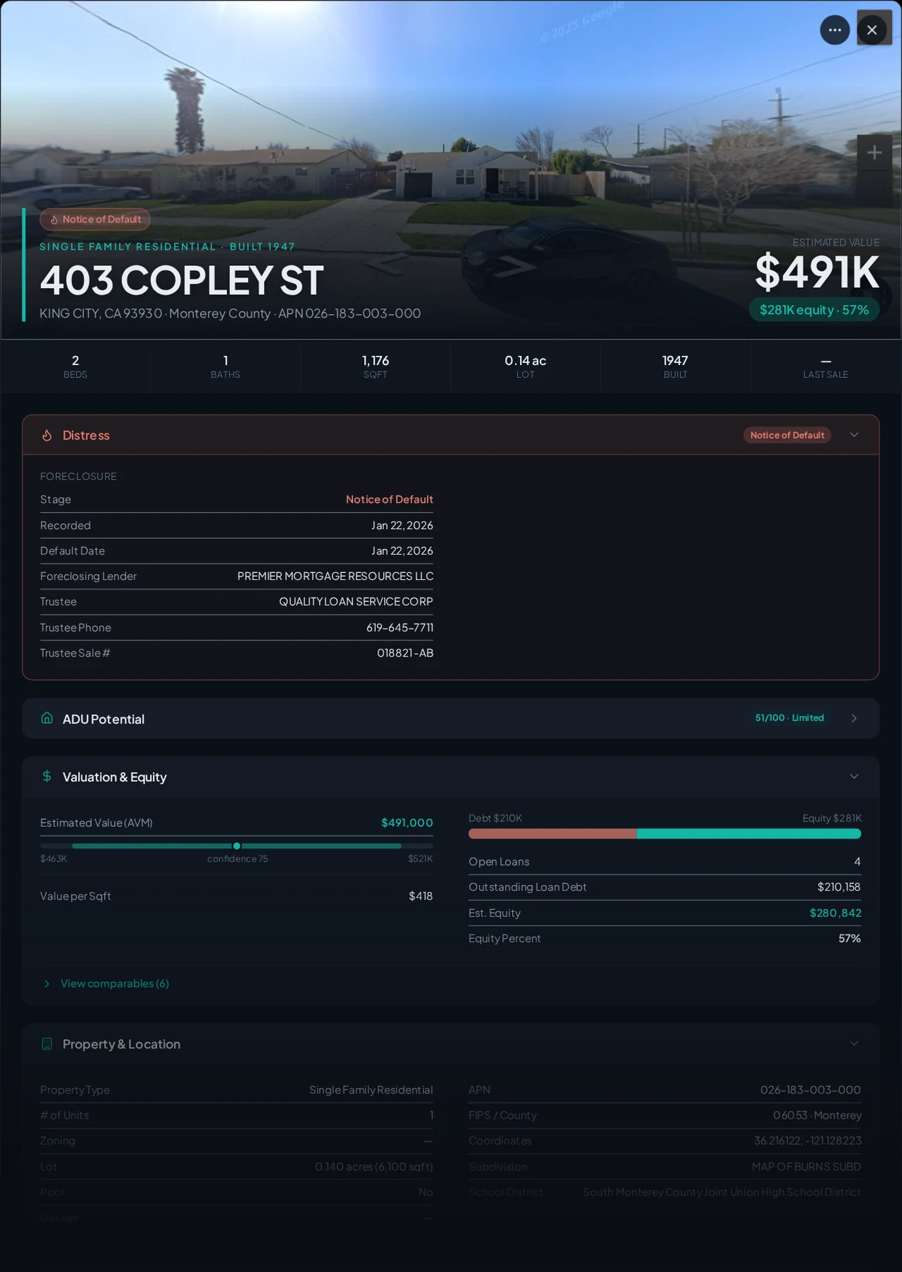 A real King City, California foreclosure record in Properant — stage, recorded dates, lender, trustee, loans, liens, and equity on one page