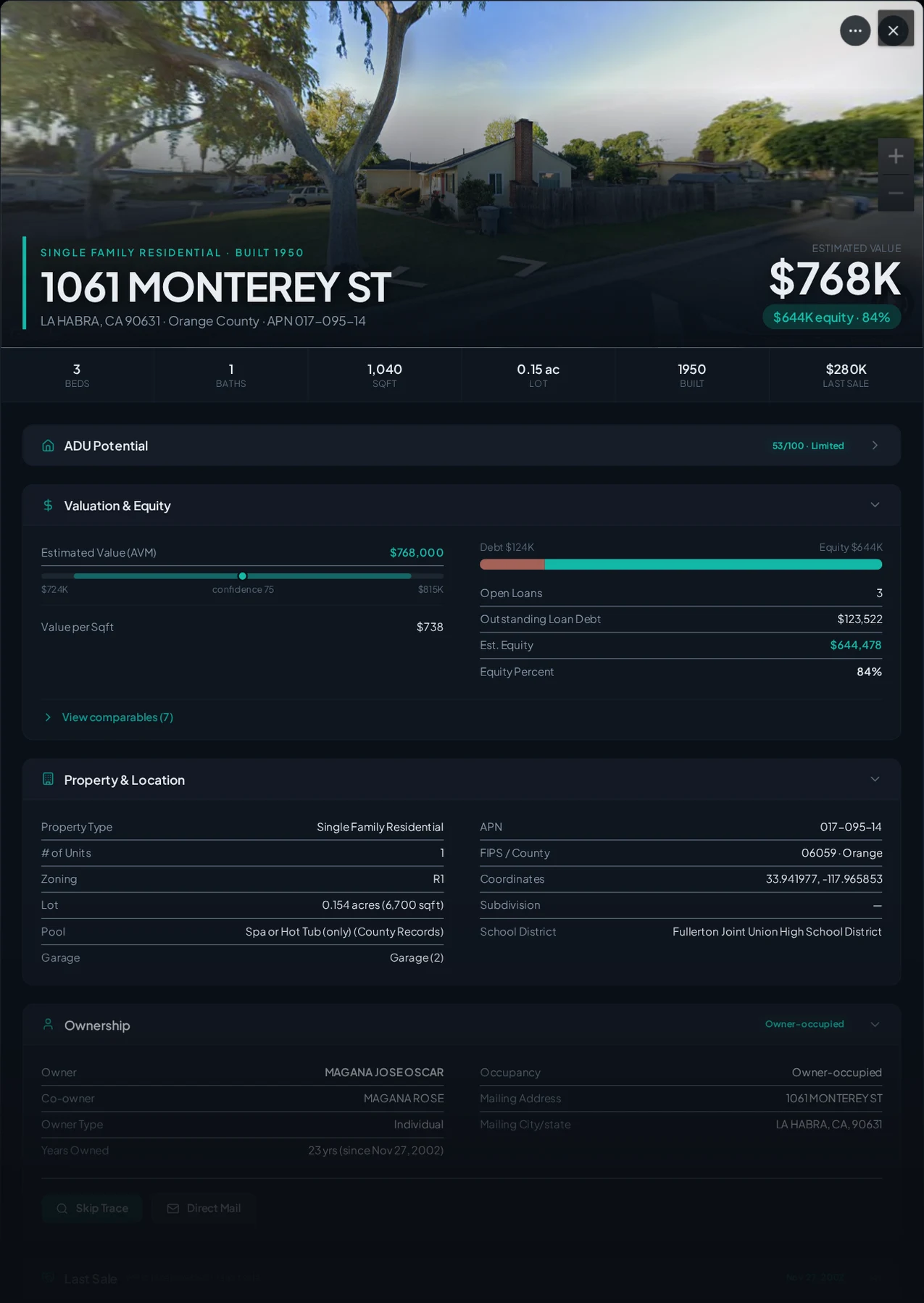 A real La Habra, California foreclosure record in Properant — stage, recorded dates, lender, trustee, loans, liens, and equity on one page