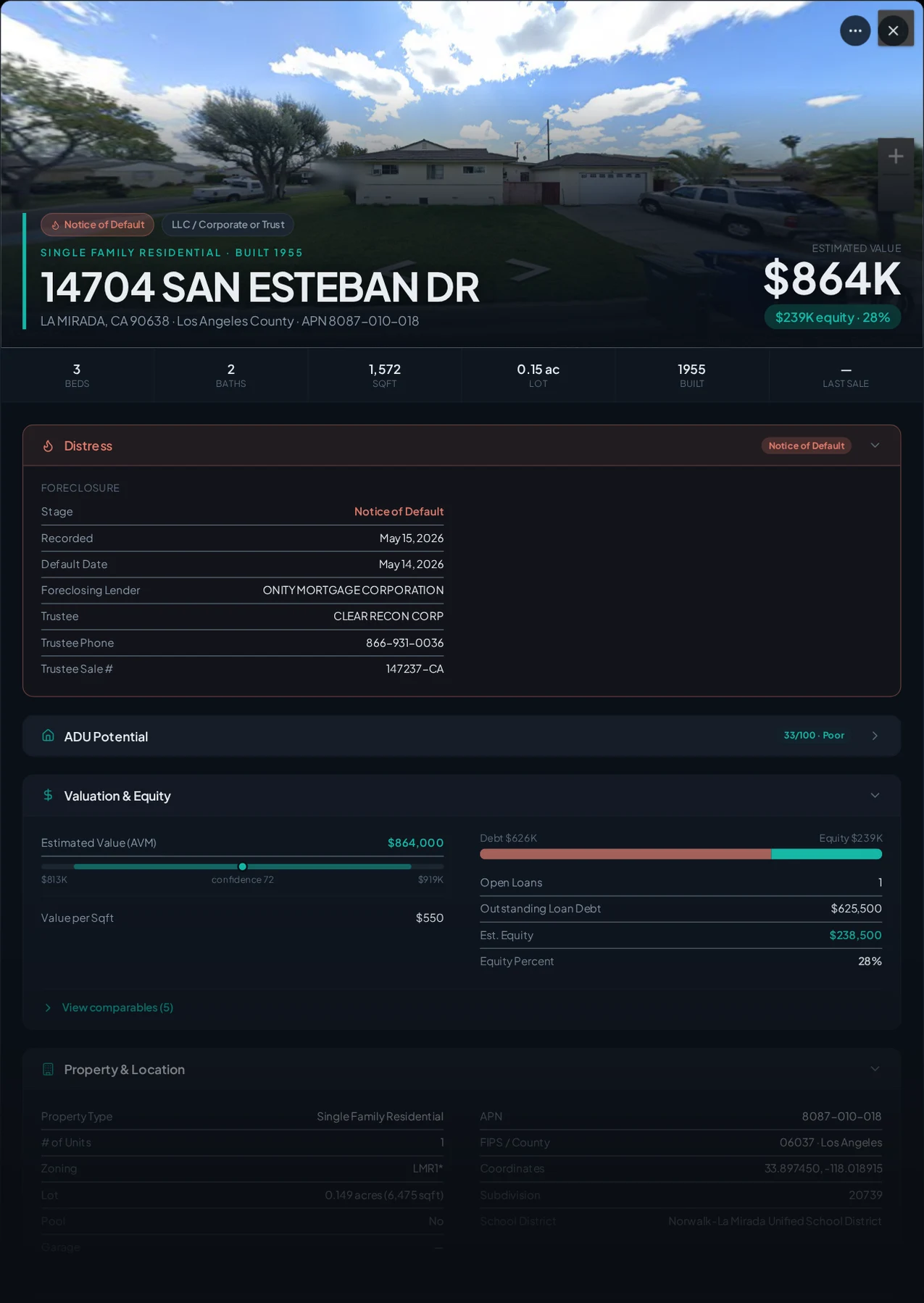 A real La Mirada, California foreclosure record in Properant — stage, recorded dates, lender, trustee, loans, liens, and equity on one page