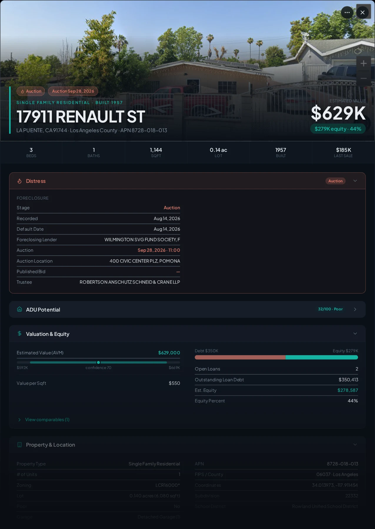 A real La Puente, California foreclosure record in Properant — stage, recorded dates, lender, trustee, loans, liens, and equity on one page