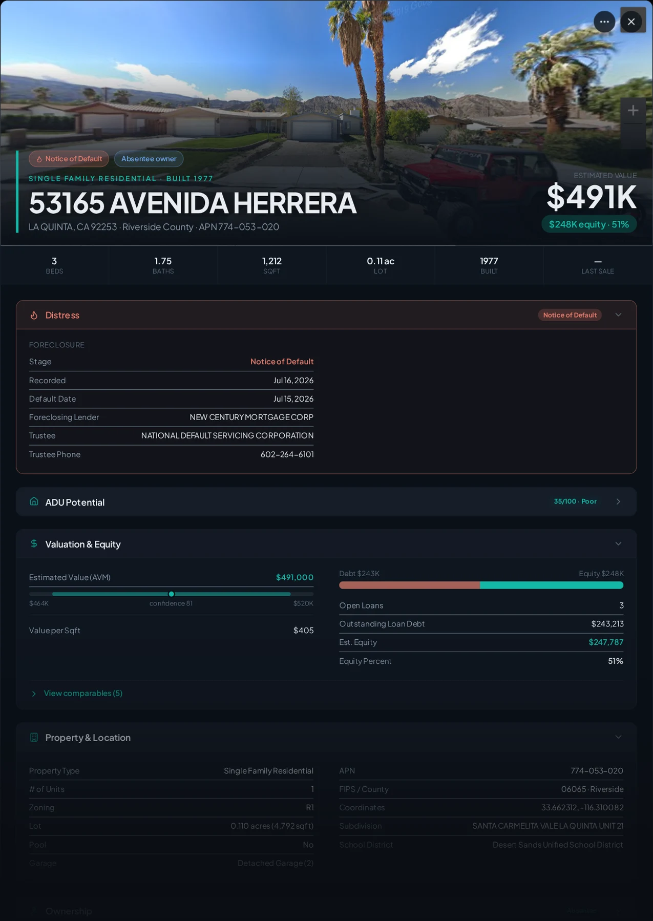 A real La Quinta, California foreclosure record in Properant — stage, recorded dates, lender, trustee, loans, liens, and equity on one page