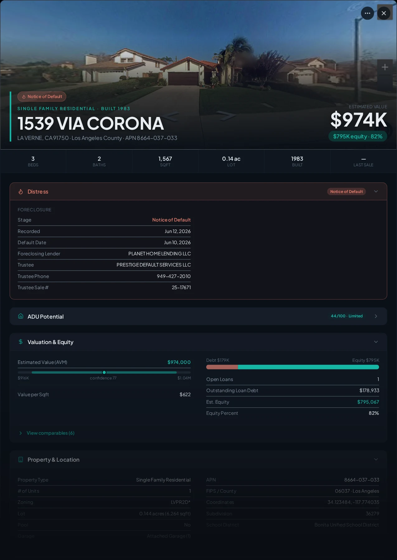 A real La Verne, California foreclosure record in Properant — stage, recorded dates, lender, trustee, loans, liens, and equity on one page