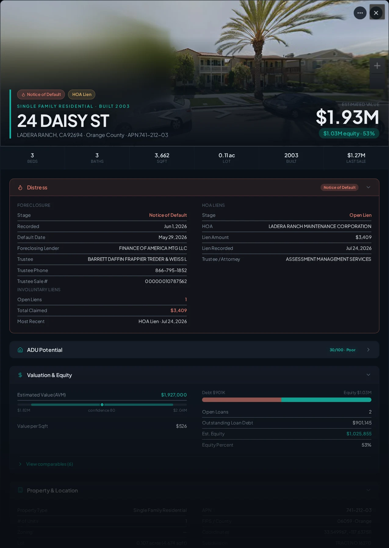 A real Ladera Ranch, California foreclosure record in Properant — stage, recorded dates, lender, trustee, loans, liens, and equity on one page