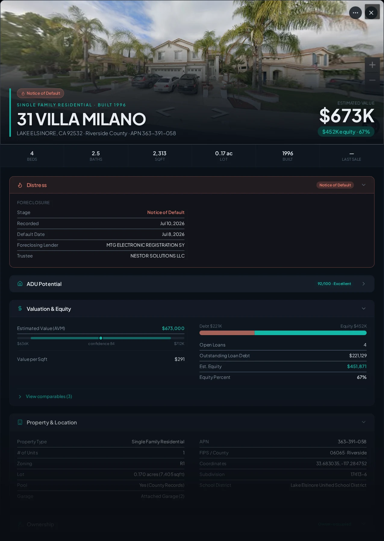 A real Lake Elsinore, California foreclosure record in Properant — stage, recorded dates, lender, trustee, loans, liens, and equity on one page