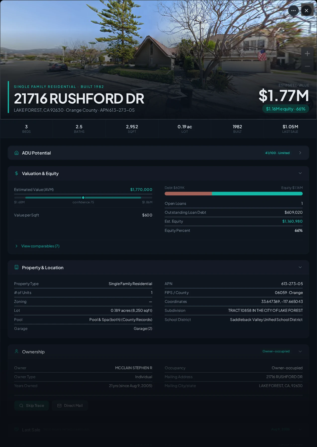 A real Lake Forest, California foreclosure record in Properant — stage, recorded dates, lender, trustee, loans, liens, and equity on one page