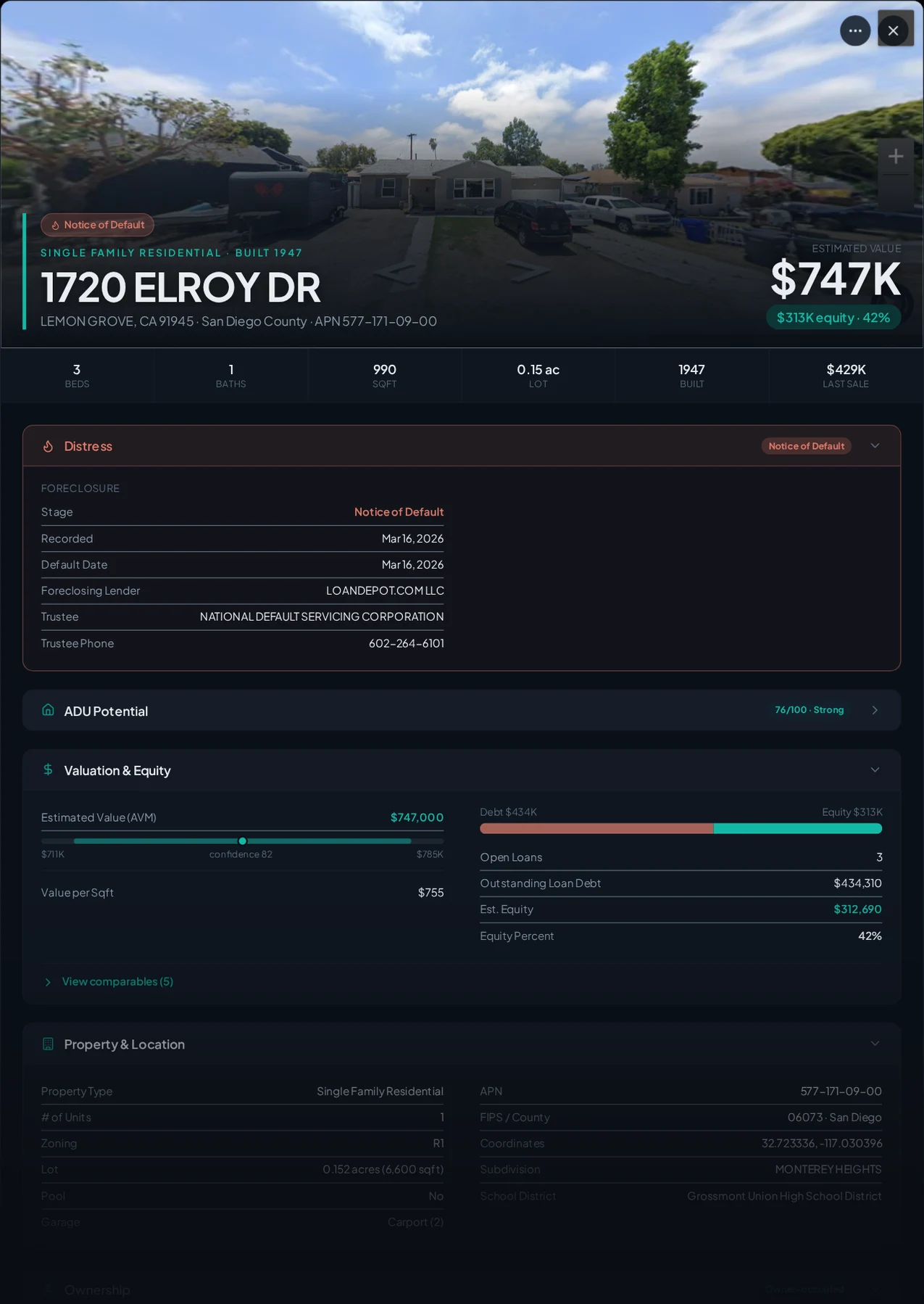 A real Lemon Grove, California foreclosure record in Properant — stage, recorded dates, lender, trustee, loans, liens, and equity on one page