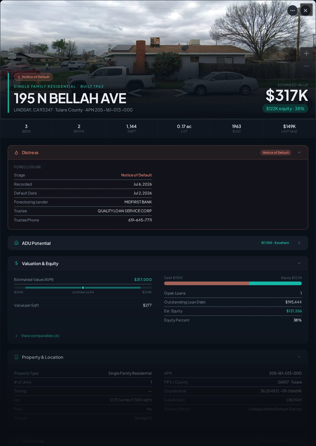 A real Lindsay, California foreclosure record in Properant — stage, recorded dates, lender, trustee, loans, liens, and equity on one page