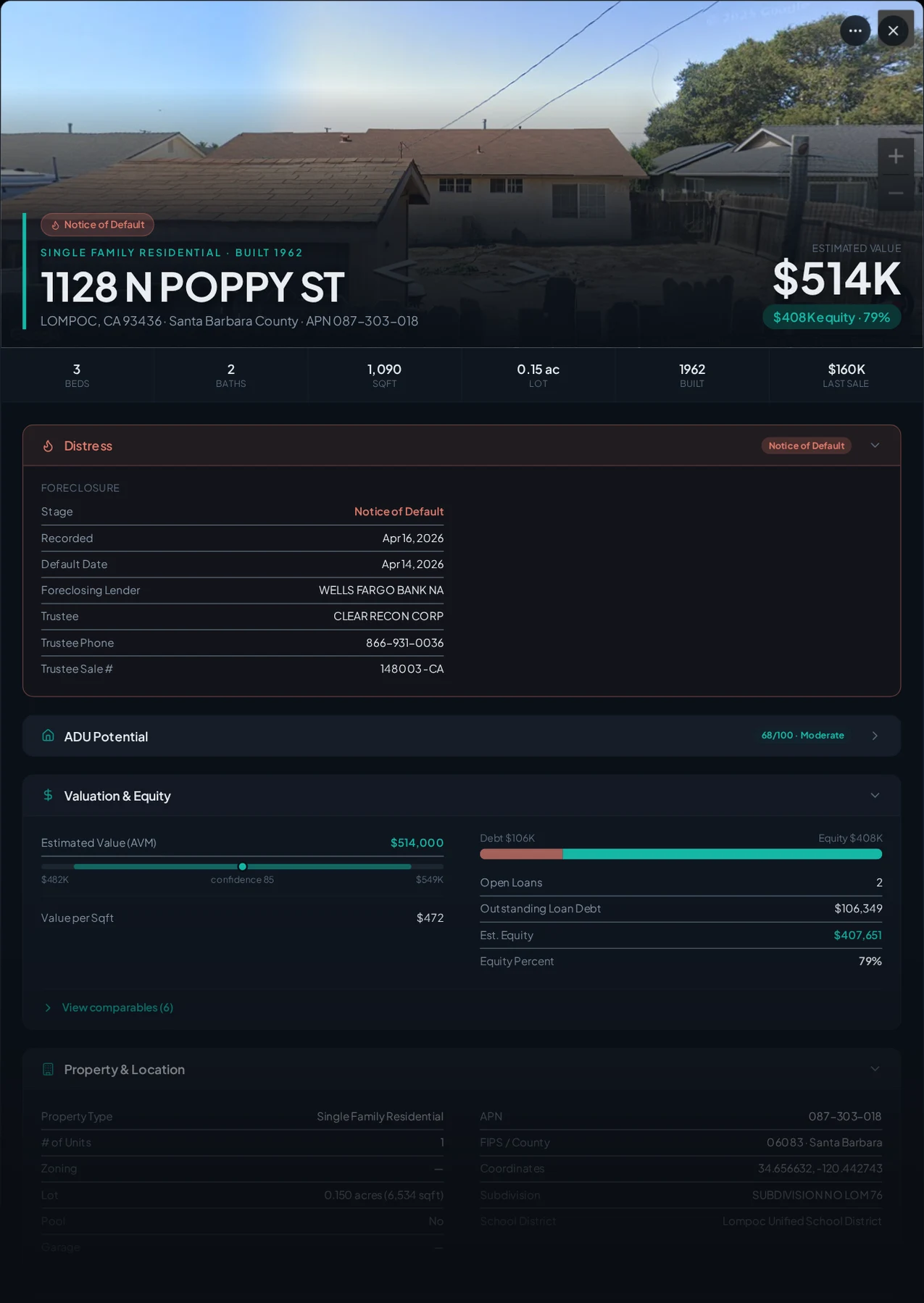 A real Lompoc, California foreclosure record in Properant — stage, recorded dates, lender, trustee, loans, liens, and equity on one page