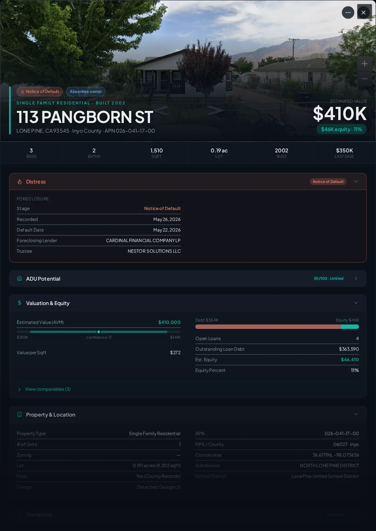 A real Lone Pine, California foreclosure record in Properant — stage, recorded dates, lender, trustee, loans, liens, and equity on one page