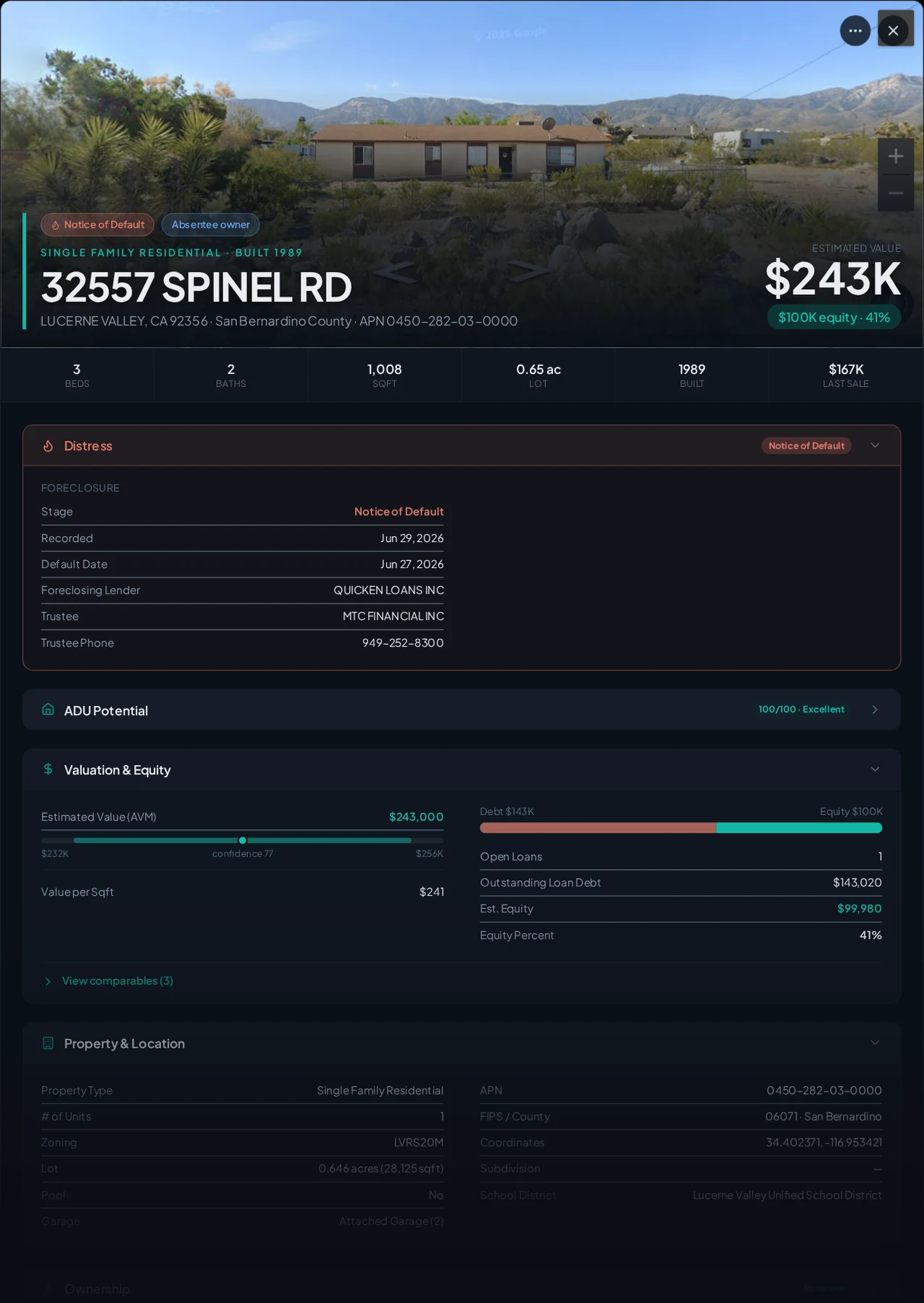 A real Lucerne Valley, California foreclosure record in Properant — stage, recorded dates, lender, trustee, loans, liens, and equity on one page