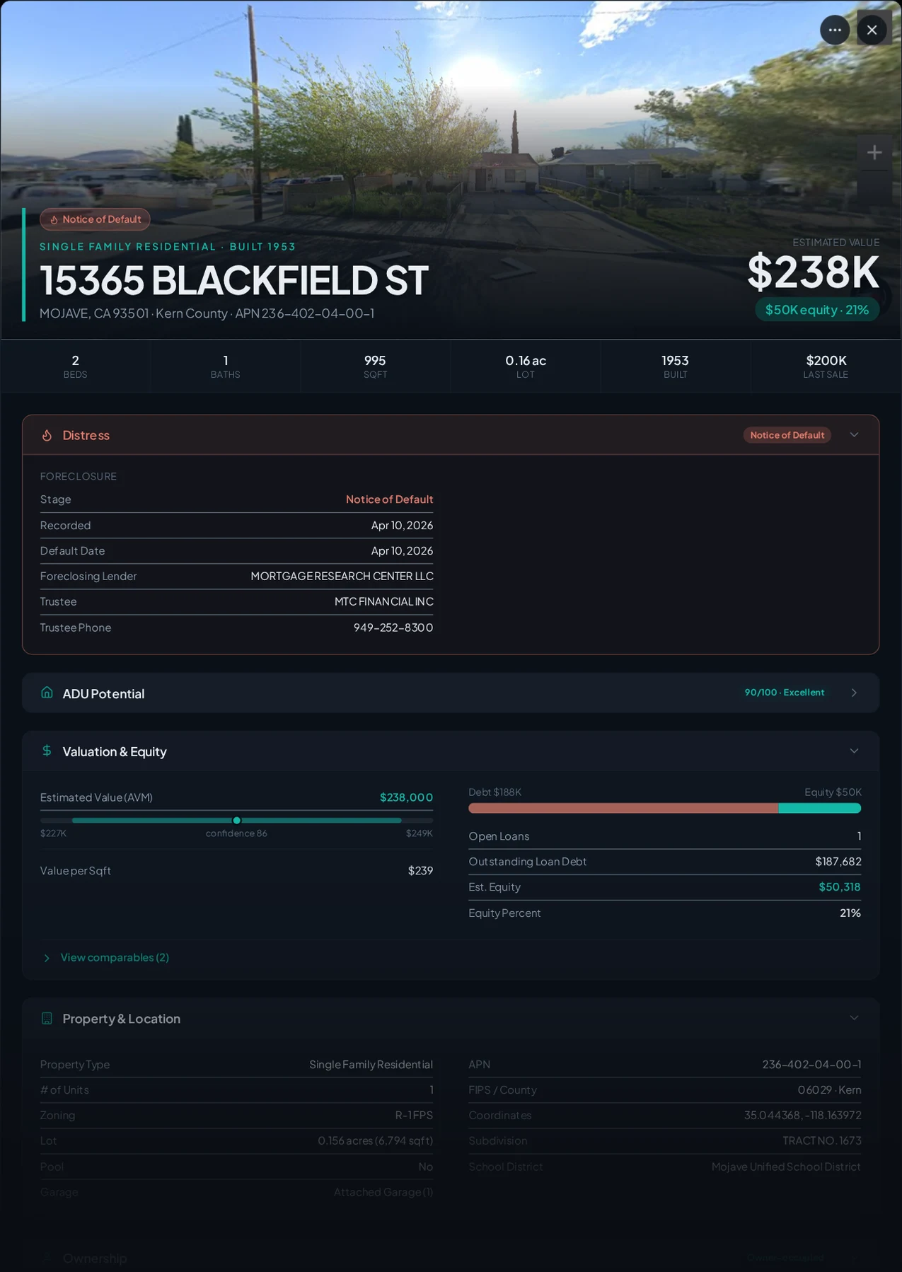 A real Mojave, California foreclosure record in Properant — stage, recorded dates, lender, trustee, loans, liens, and equity on one page