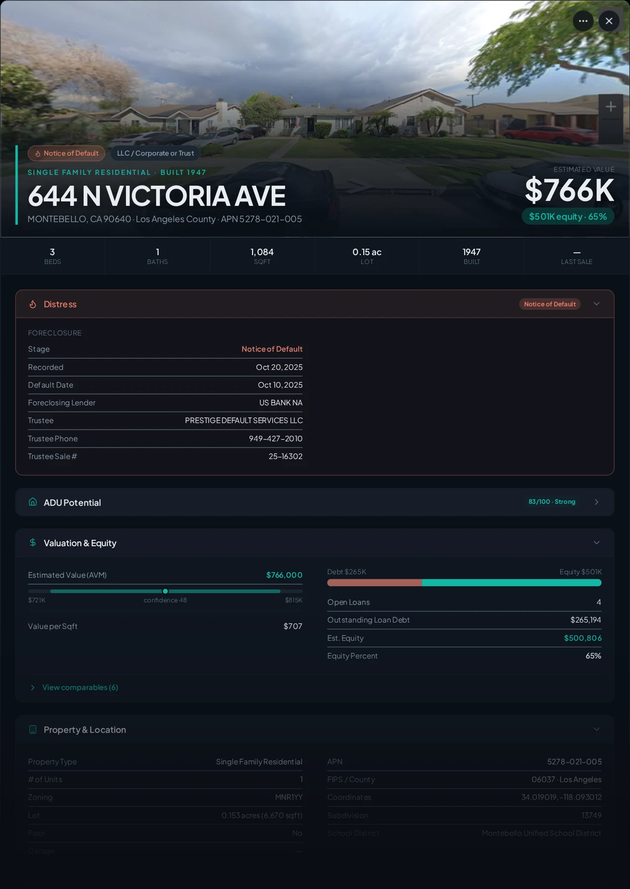 A real Montebello, California foreclosure record in Properant — stage, recorded dates, lender, trustee, loans, liens, and equity on one page