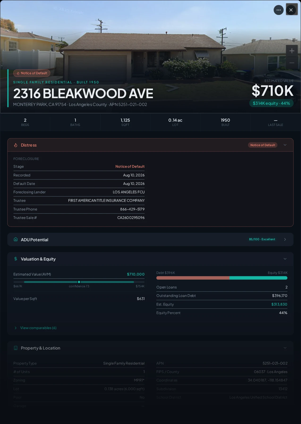 A real Monterey Park, California foreclosure record in Properant — stage, recorded dates, lender, trustee, loans, liens, and equity on one page