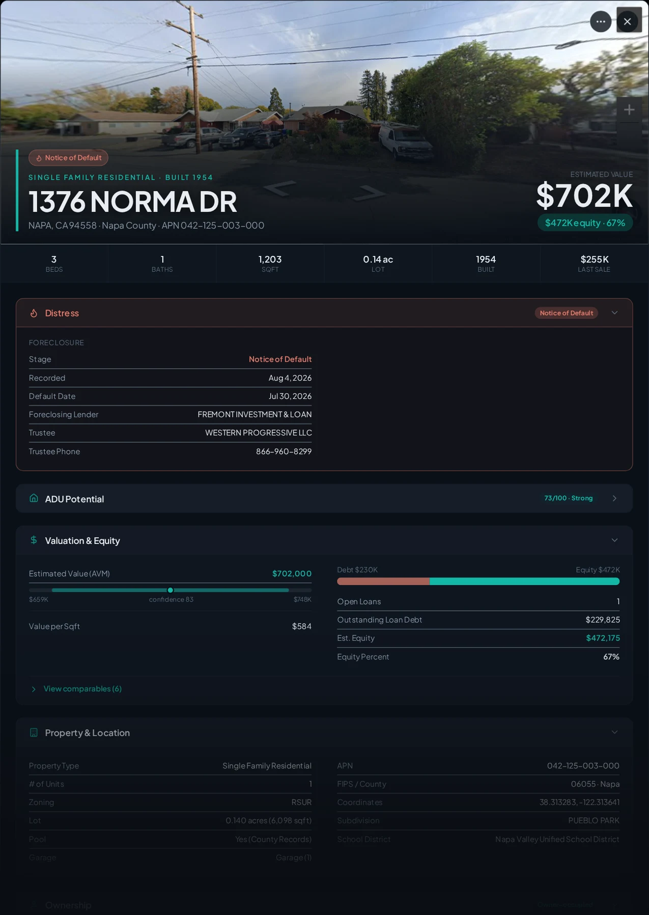 A real Napa, California foreclosure record in Properant — stage, recorded dates, lender, trustee, loans, liens, and equity on one page