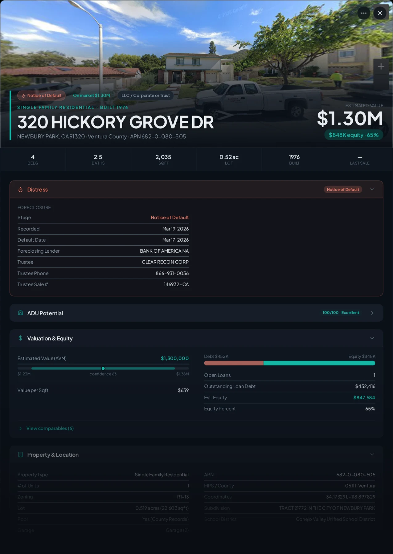 A real Newbury Park, California foreclosure record in Properant — stage, recorded dates, lender, trustee, loans, liens, and equity on one page