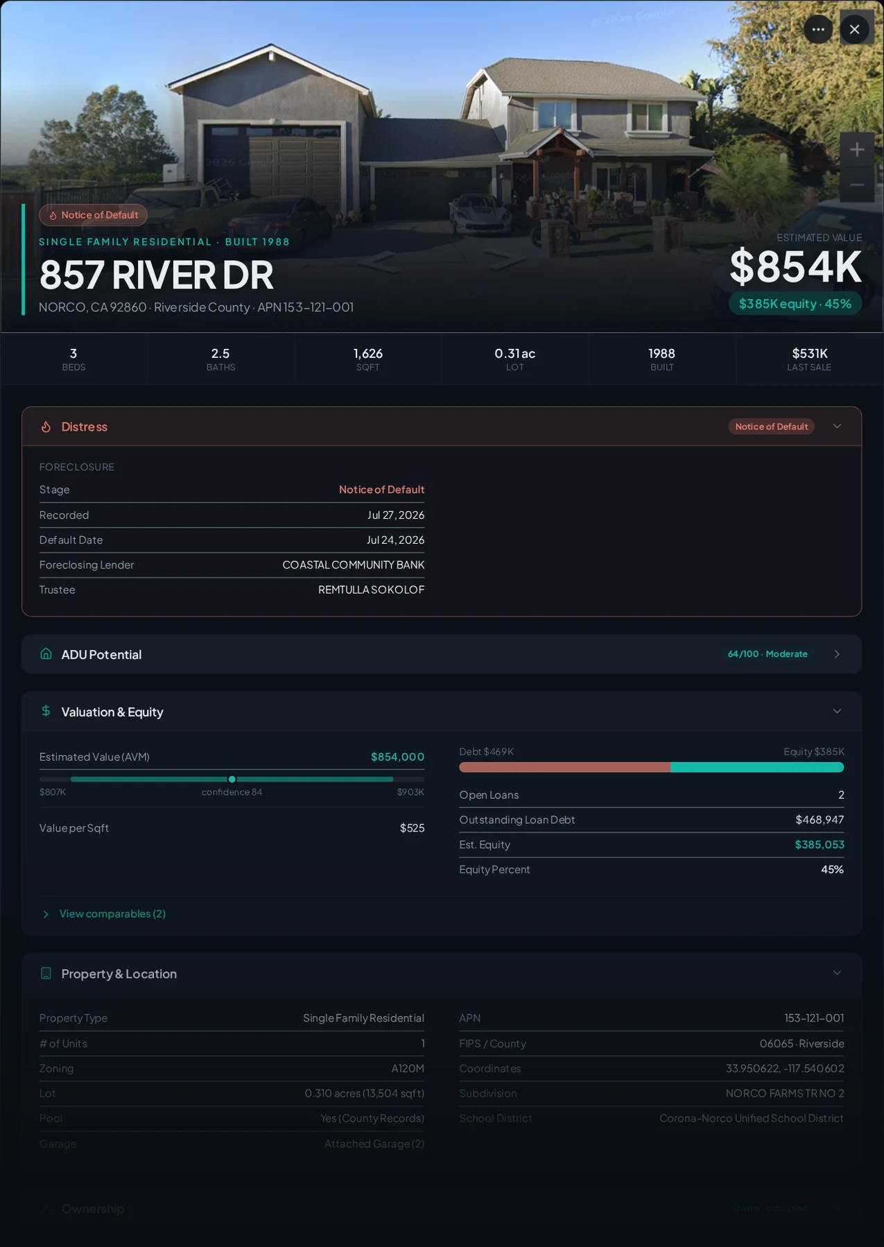 A real Norco, California foreclosure record in Properant — stage, recorded dates, lender, trustee, loans, liens, and equity on one page