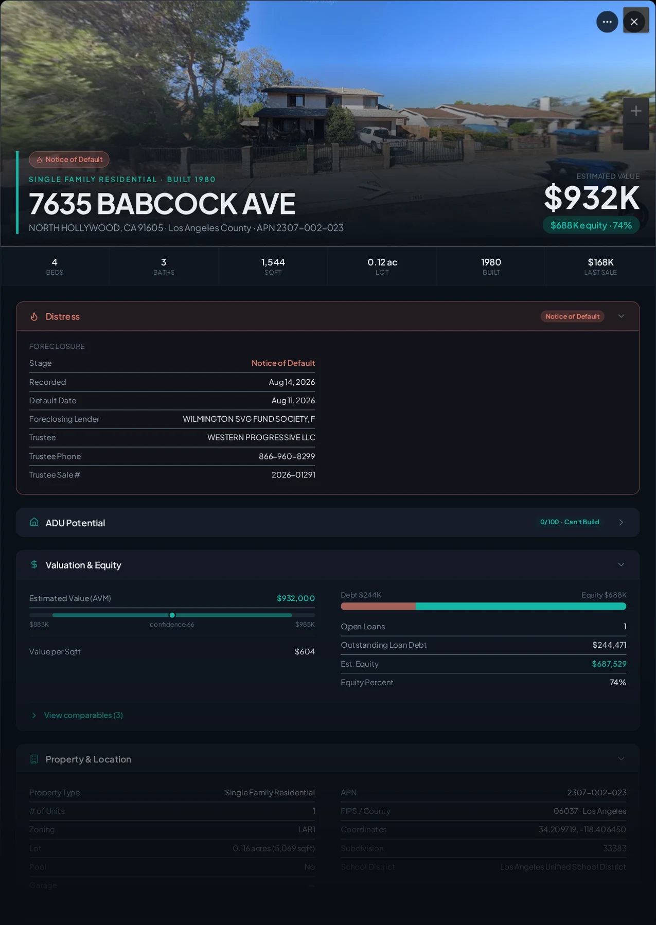 A real North Hollywood, California foreclosure record in Properant — stage, recorded dates, lender, trustee, loans, liens, and equity on one page