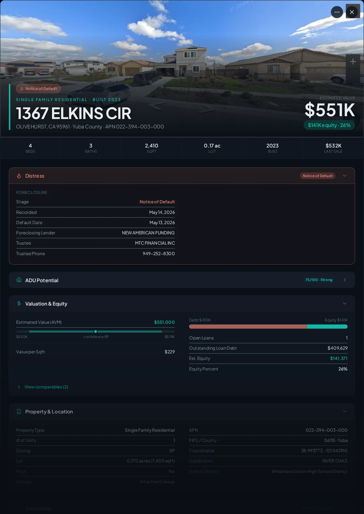 A real Olivehurst, California foreclosure record in Properant — stage, recorded dates, lender, trustee, loans, liens, and equity on one page