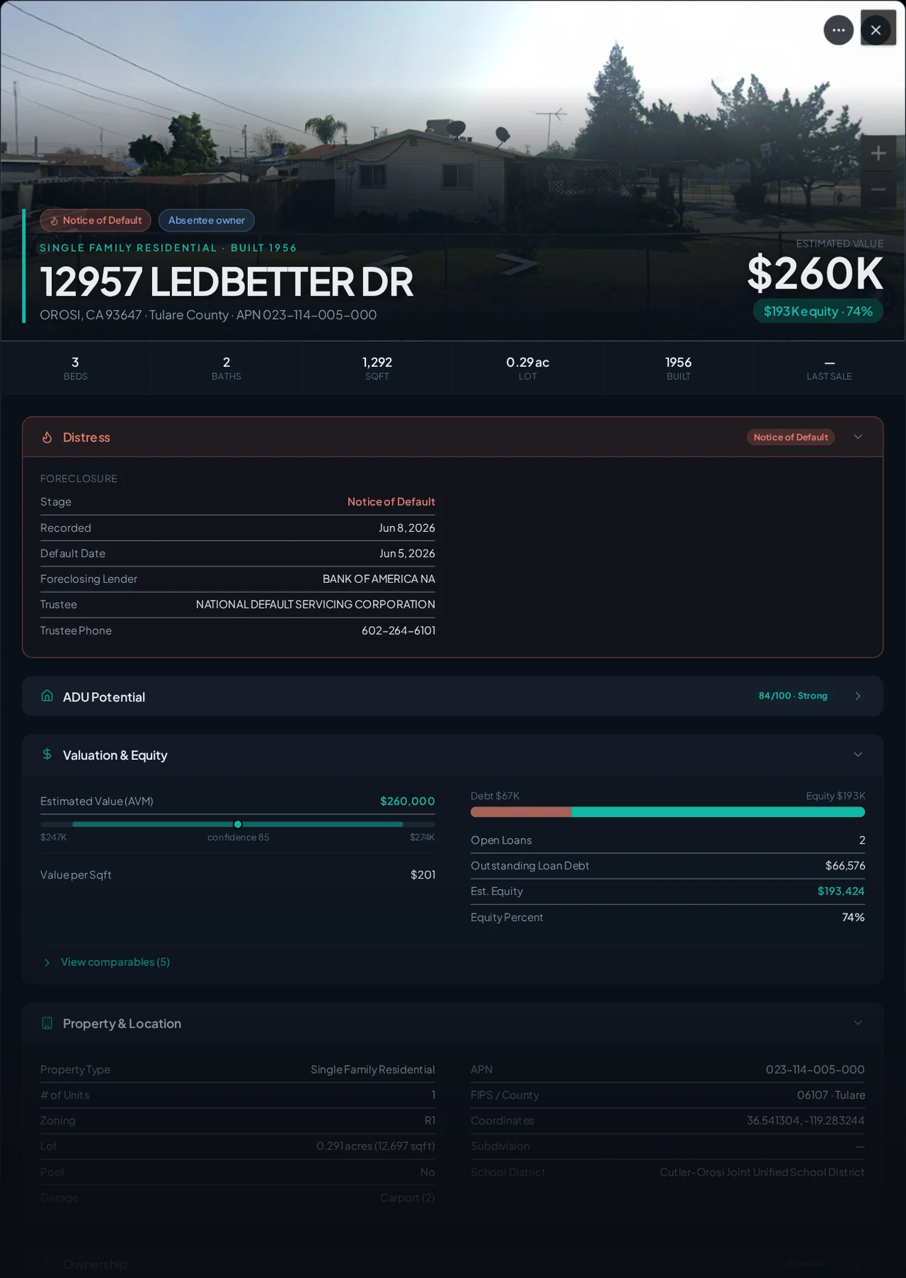 A real Orosi, California foreclosure record in Properant — stage, recorded dates, lender, trustee, loans, liens, and equity on one page