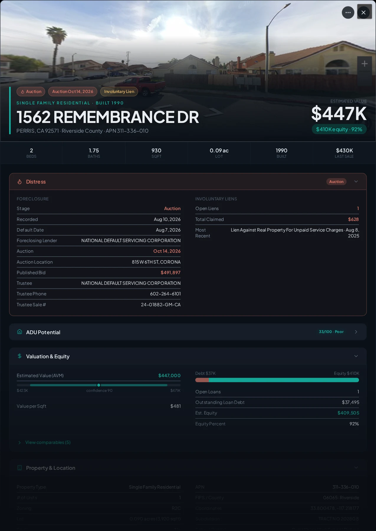A real Perris, California foreclosure record in Properant — stage, recorded dates, lender, trustee, loans, liens, and equity on one page