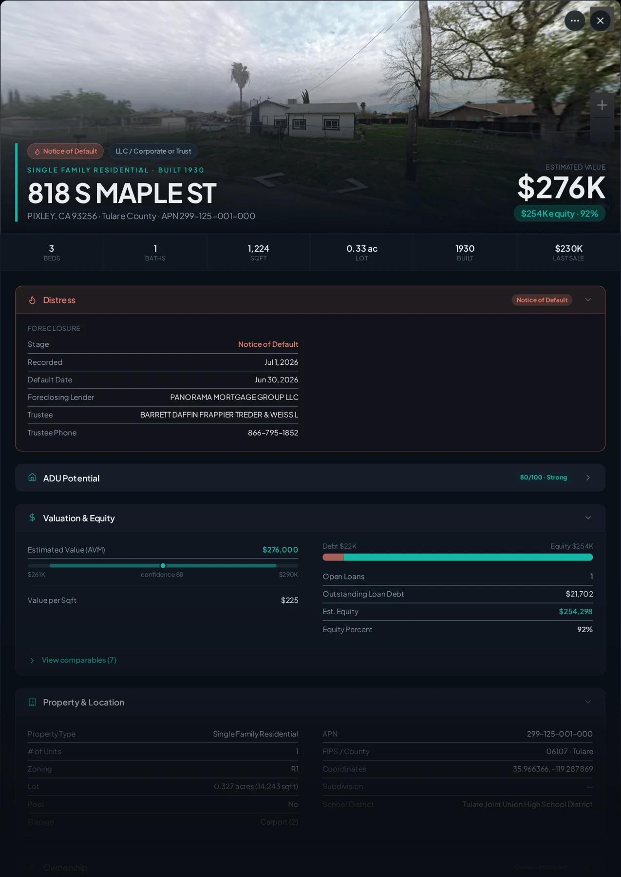 A real Pixley, California foreclosure record in Properant — stage, recorded dates, lender, trustee, loans, liens, and equity on one page