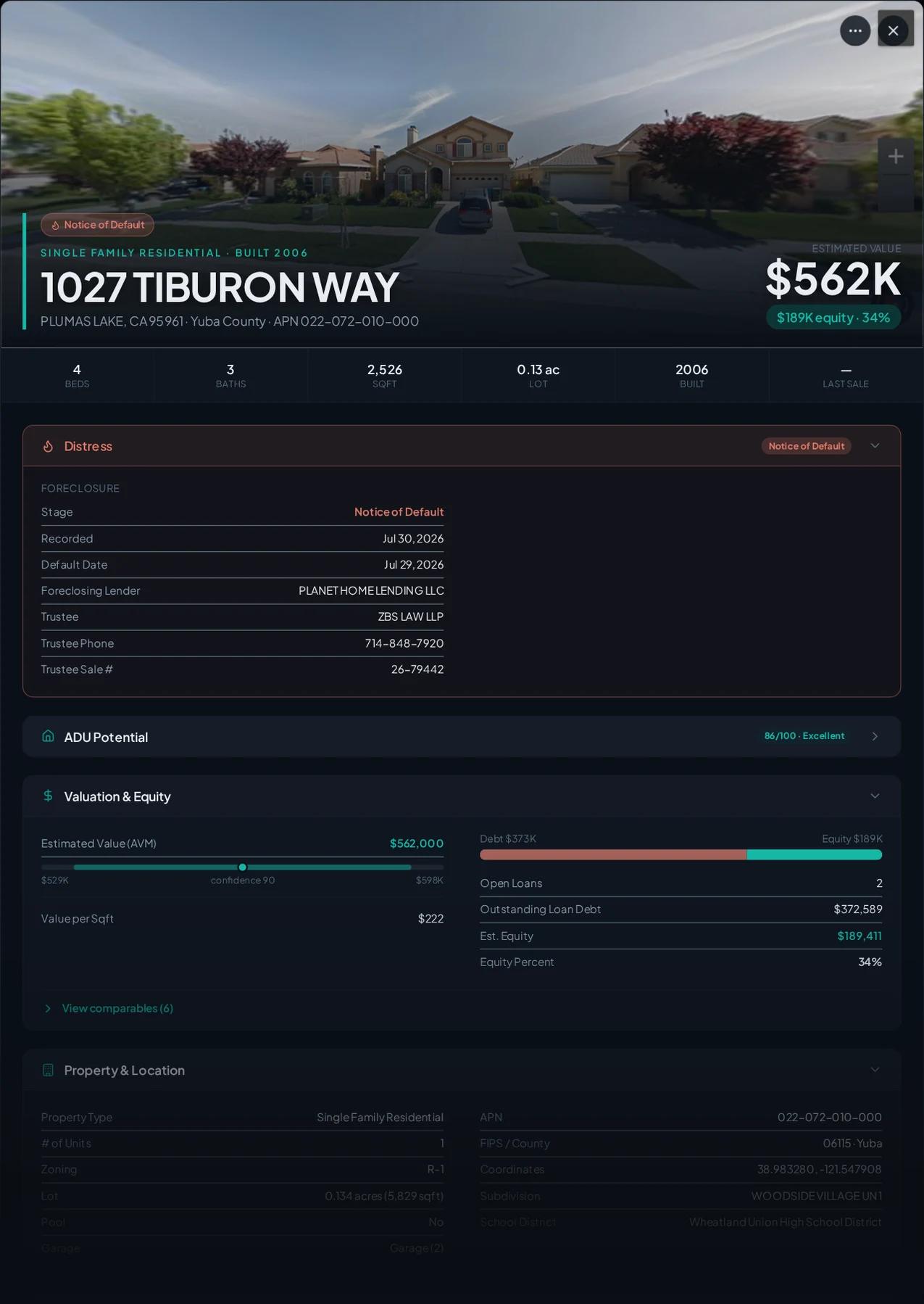 A real Plumas Lake, California foreclosure record in Properant — stage, recorded dates, lender, trustee, loans, liens, and equity on one page