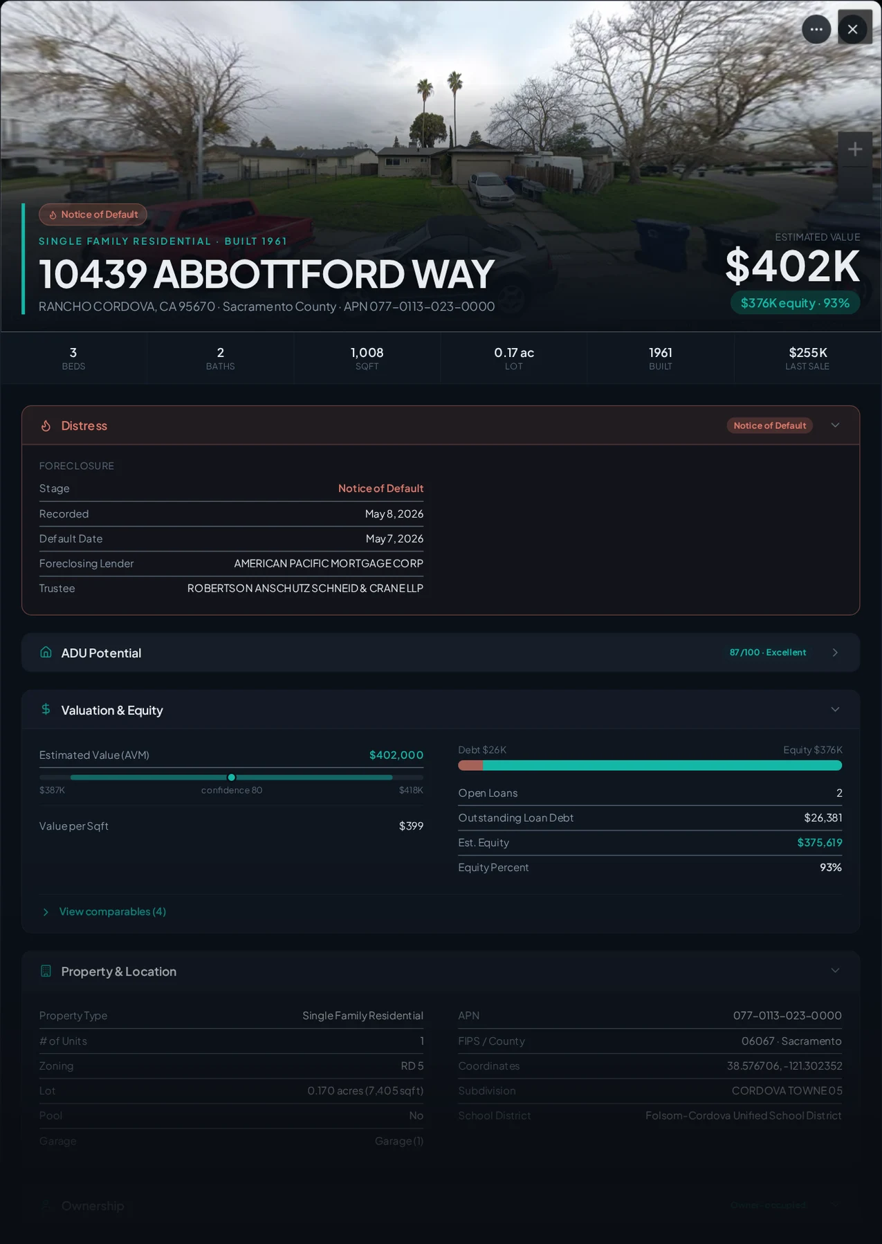 A real Rancho Cordova, California foreclosure record in Properant — stage, recorded dates, lender, trustee, loans, liens, and equity on one page