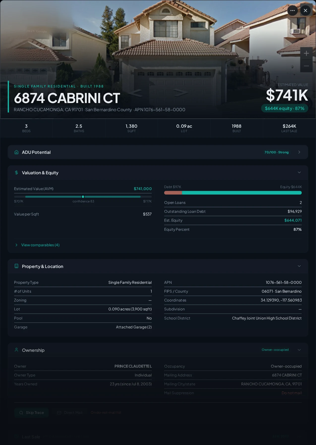 A real Rancho Cucamonga, California foreclosure record in Properant — stage, recorded dates, lender, trustee, loans, liens, and equity on one page