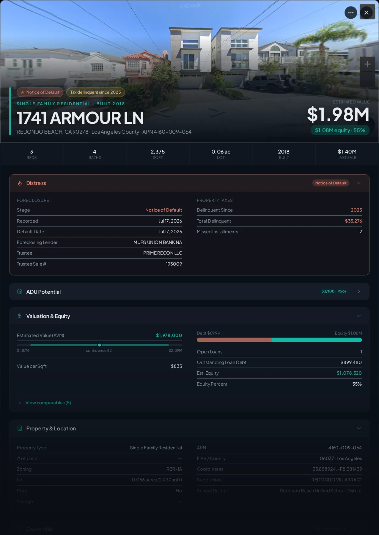 A real Redondo Beach, California foreclosure record in Properant — stage, recorded dates, lender, trustee, loans, liens, and equity on one page