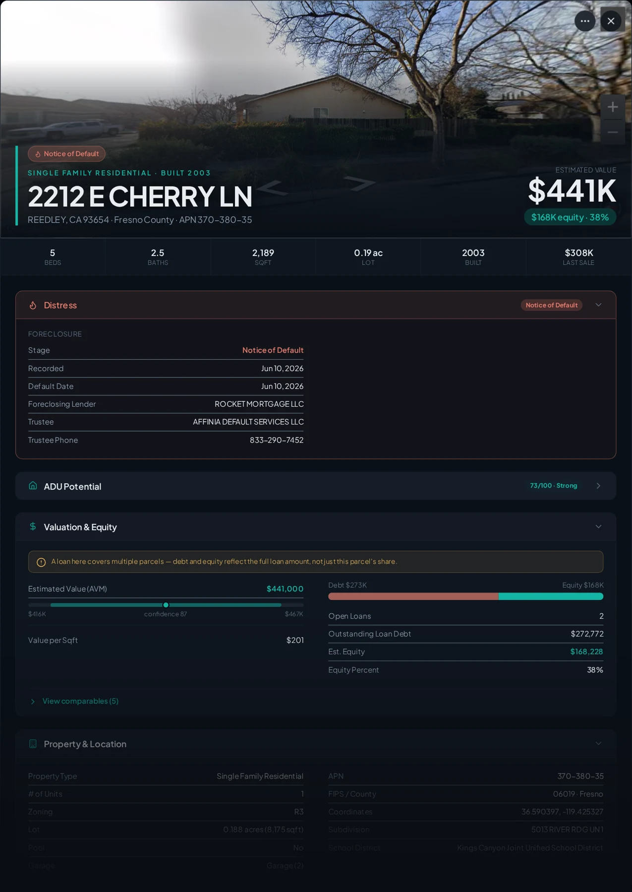 A real Reedley, California foreclosure record in Properant — stage, recorded dates, lender, trustee, loans, liens, and equity on one page