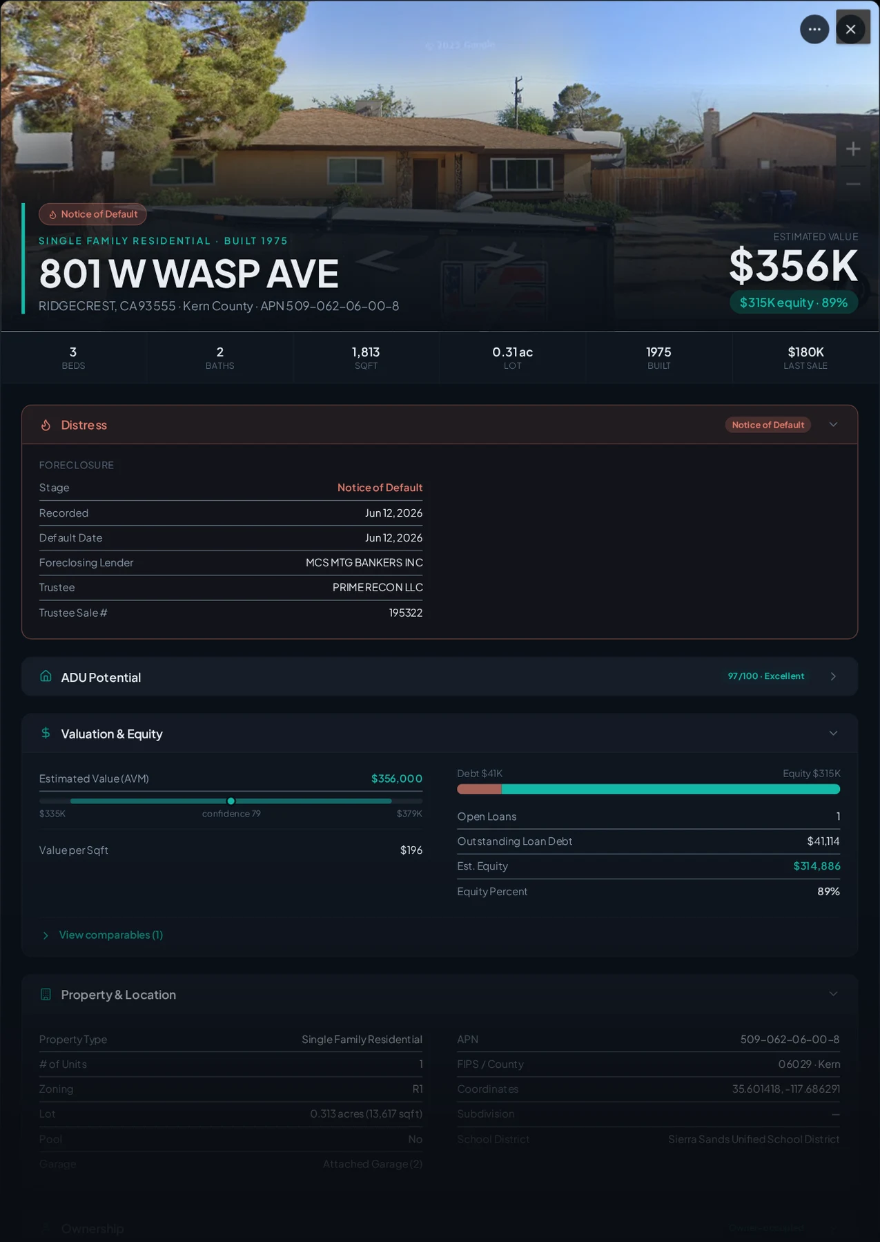A real Ridgecrest, California foreclosure record in Properant — stage, recorded dates, lender, trustee, loans, liens, and equity on one page