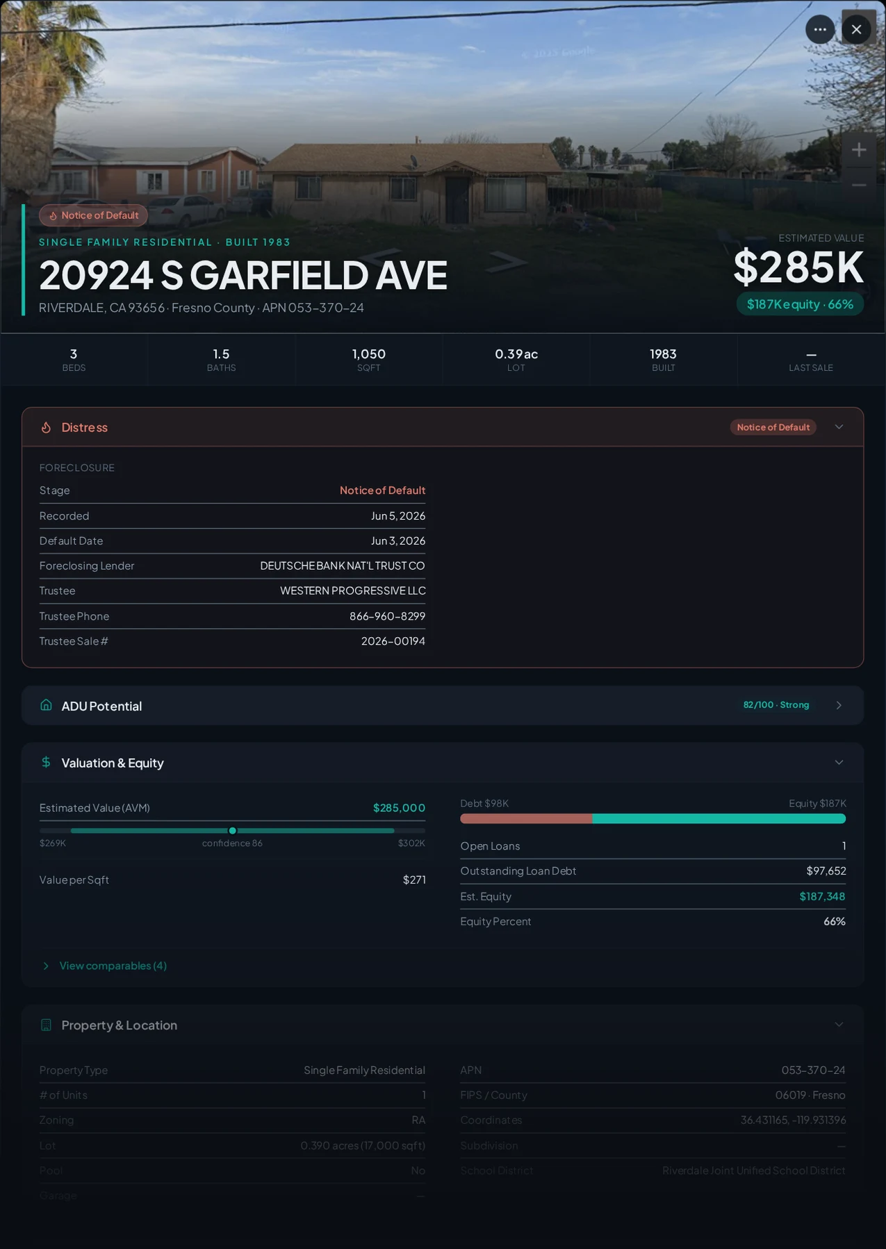 A real Riverdale, California foreclosure record in Properant — stage, recorded dates, lender, trustee, loans, liens, and equity on one page