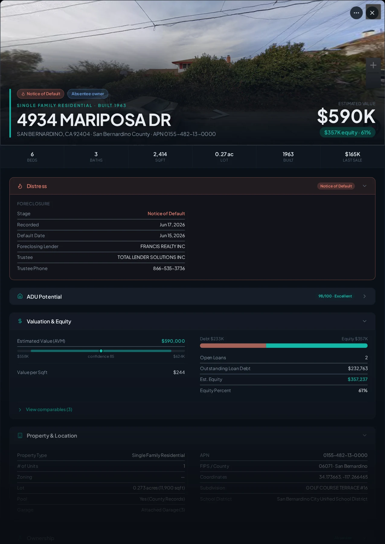 A real San Bernardino, California foreclosure record in Properant — stage, recorded dates, lender, trustee, loans, liens, and equity on one page