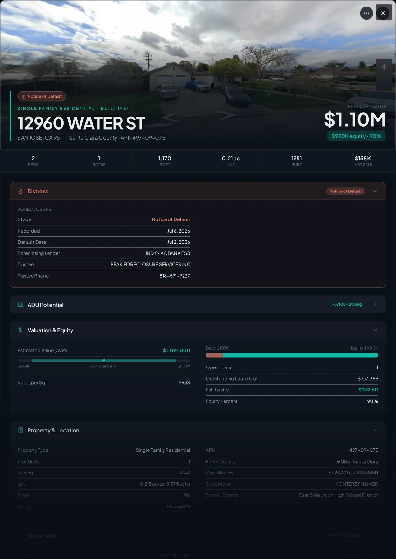 A real San Jose, California foreclosure record in Properant — stage, recorded dates, lender, trustee, loans, liens, and equity on one page