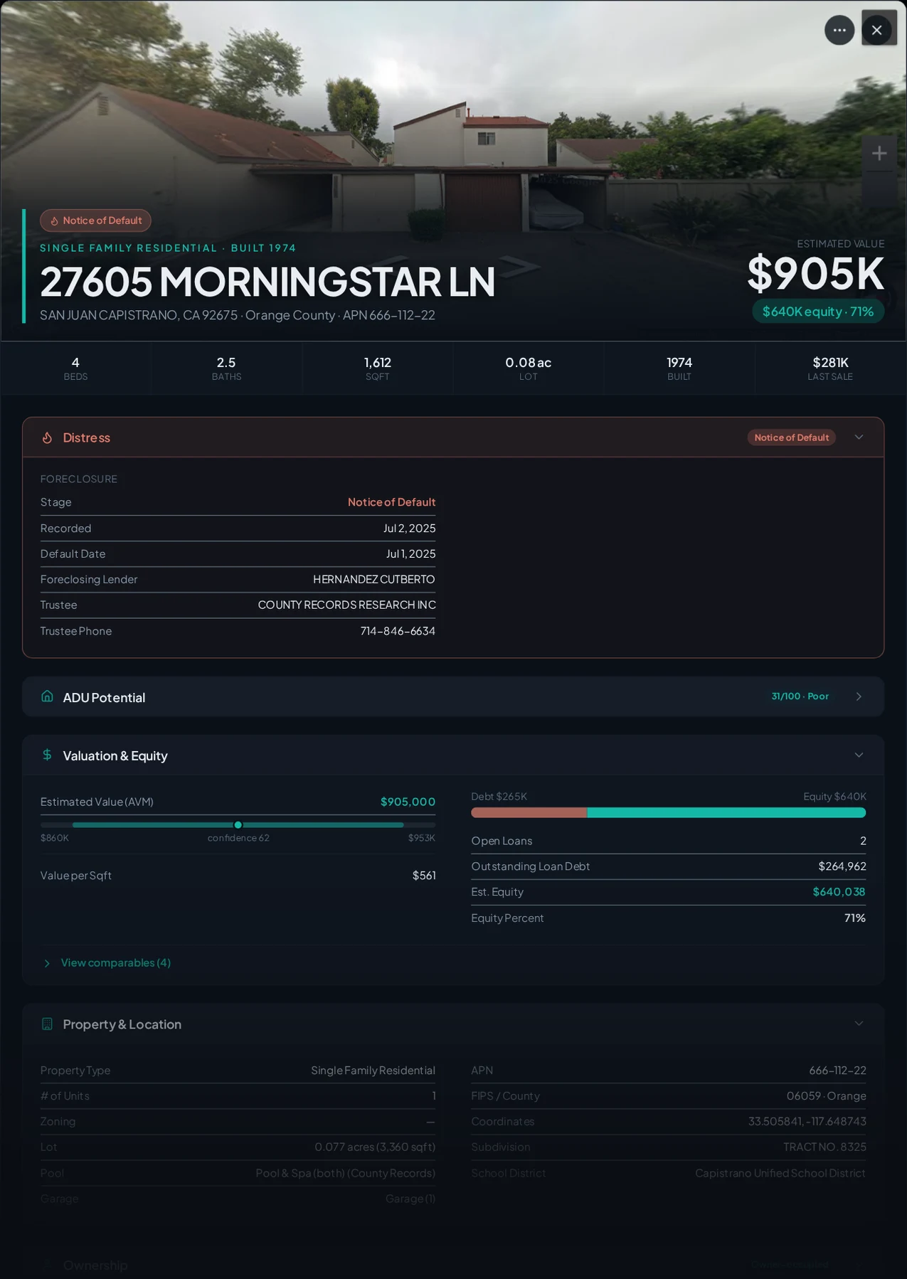 A real San Juan Capistrano, California foreclosure record in Properant — stage, recorded dates, lender, trustee, loans, liens, and equity on one page