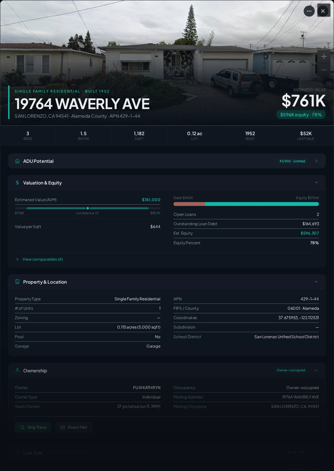 A real San Lorenzo, California foreclosure record in Properant — stage, recorded dates, lender, trustee, loans, liens, and equity on one page