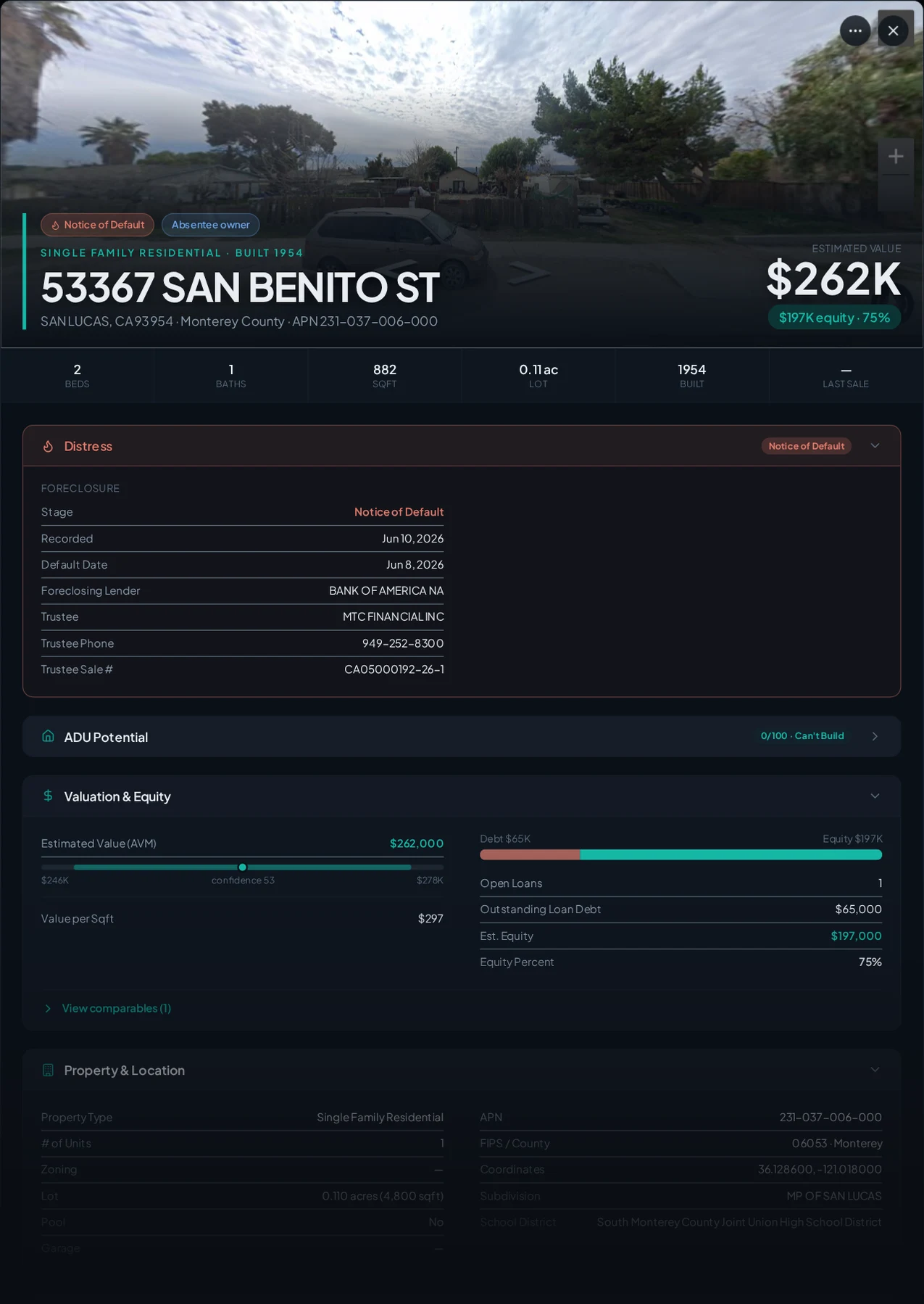 A real San Lucas, California foreclosure record in Properant — stage, recorded dates, lender, trustee, loans, liens, and equity on one page
