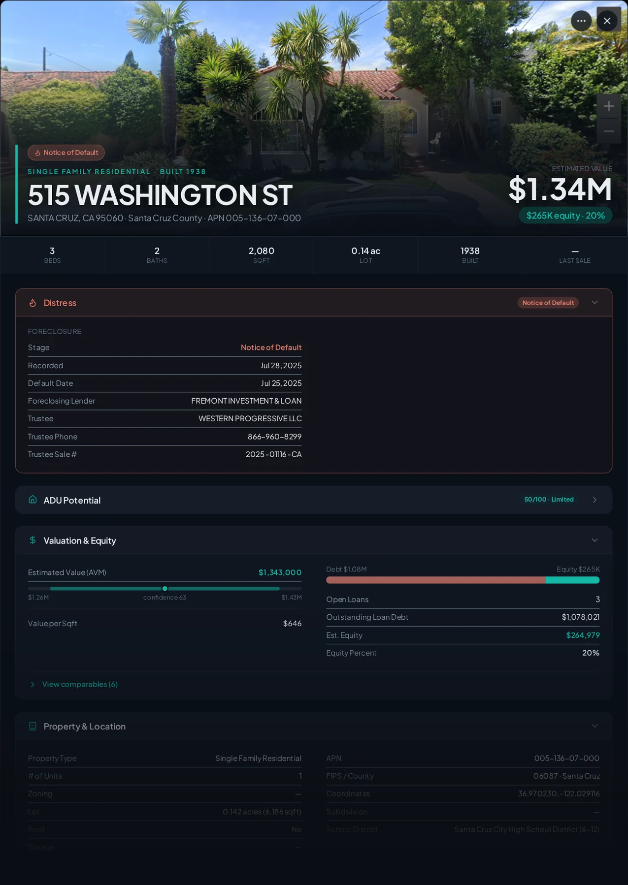 A real Santa Cruz, California foreclosure record in Properant — stage, recorded dates, lender, trustee, loans, liens, and equity on one page