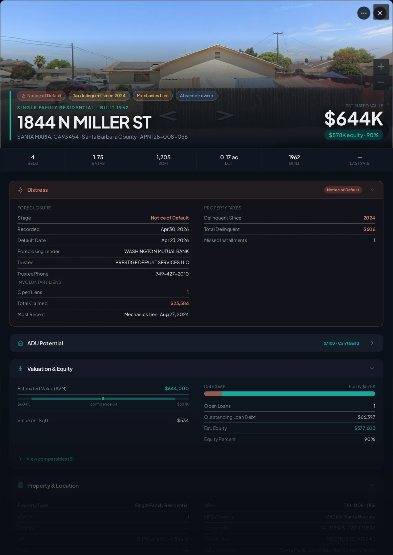 A real Santa Maria, California foreclosure record in Properant — stage, recorded dates, lender, trustee, loans, liens, and equity on one page