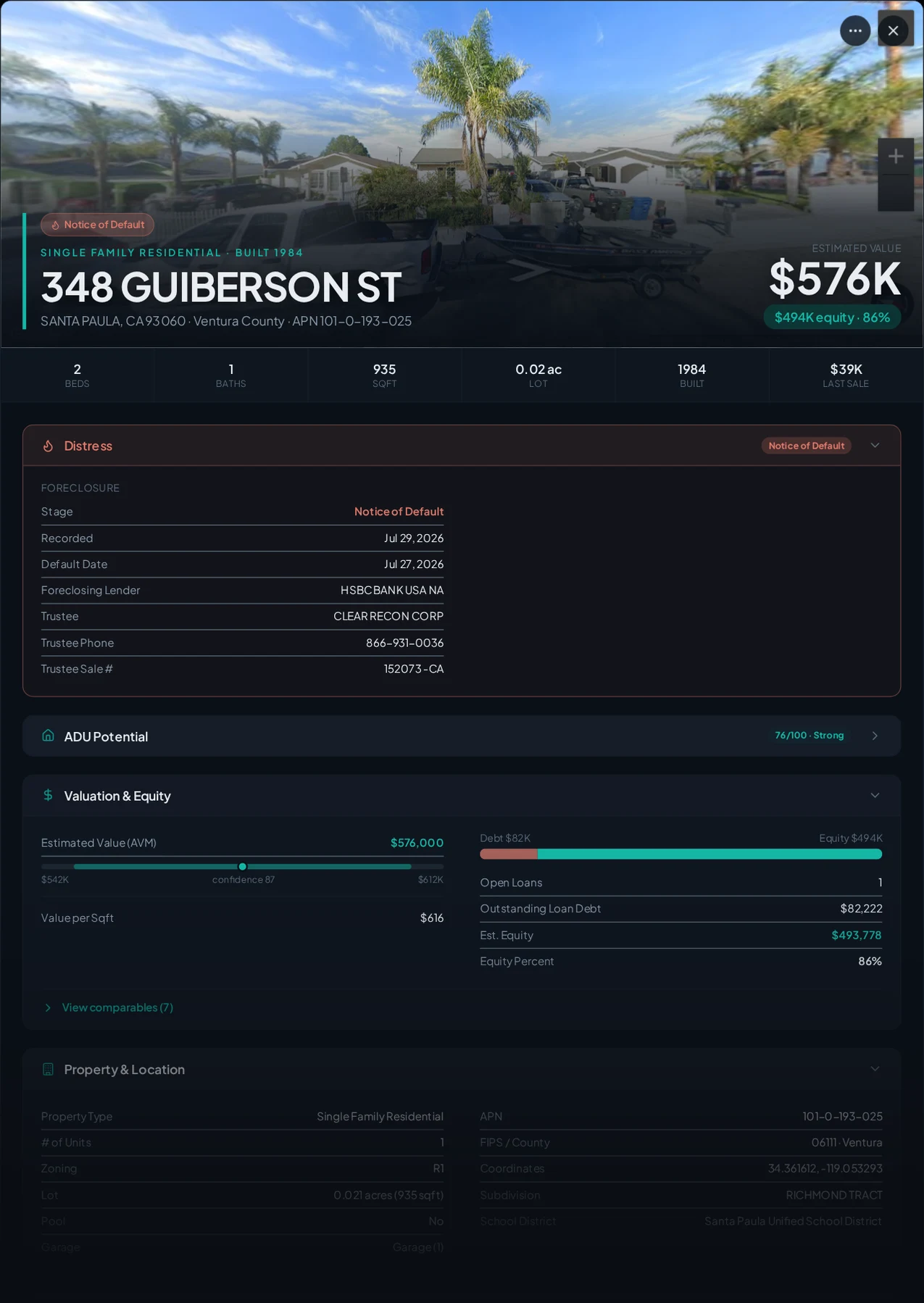 A real Santa Paula, California foreclosure record in Properant — stage, recorded dates, lender, trustee, loans, liens, and equity on one page