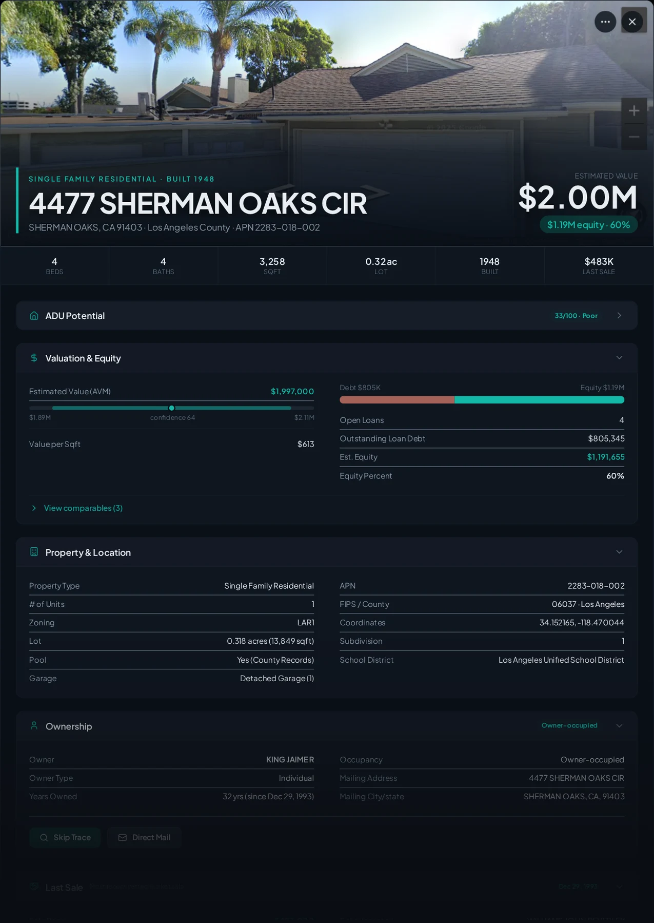A real Sherman Oaks, California foreclosure record in Properant — stage, recorded dates, lender, trustee, loans, liens, and equity on one page