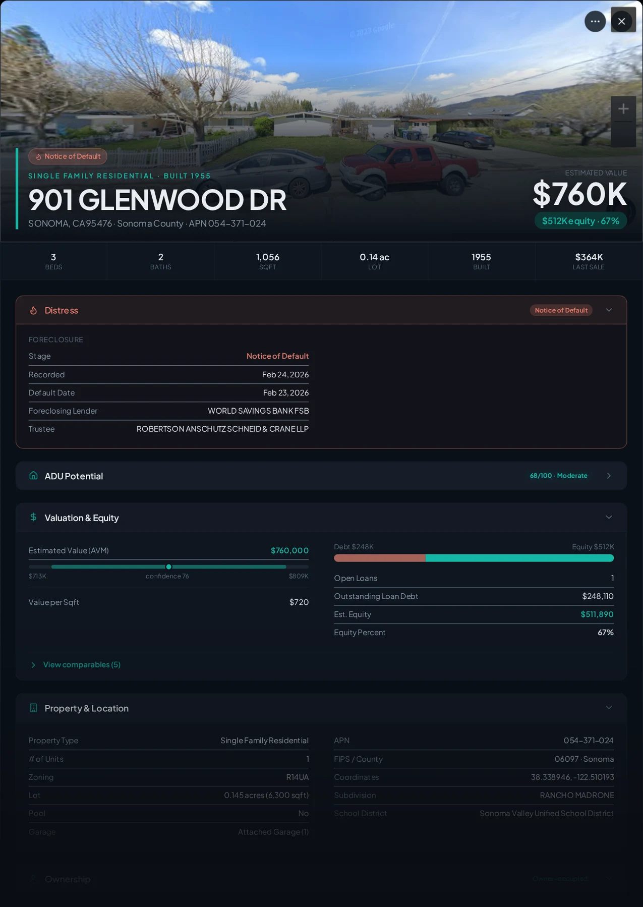 A real Sonoma, California foreclosure record in Properant — stage, recorded dates, lender, trustee, loans, liens, and equity on one page
