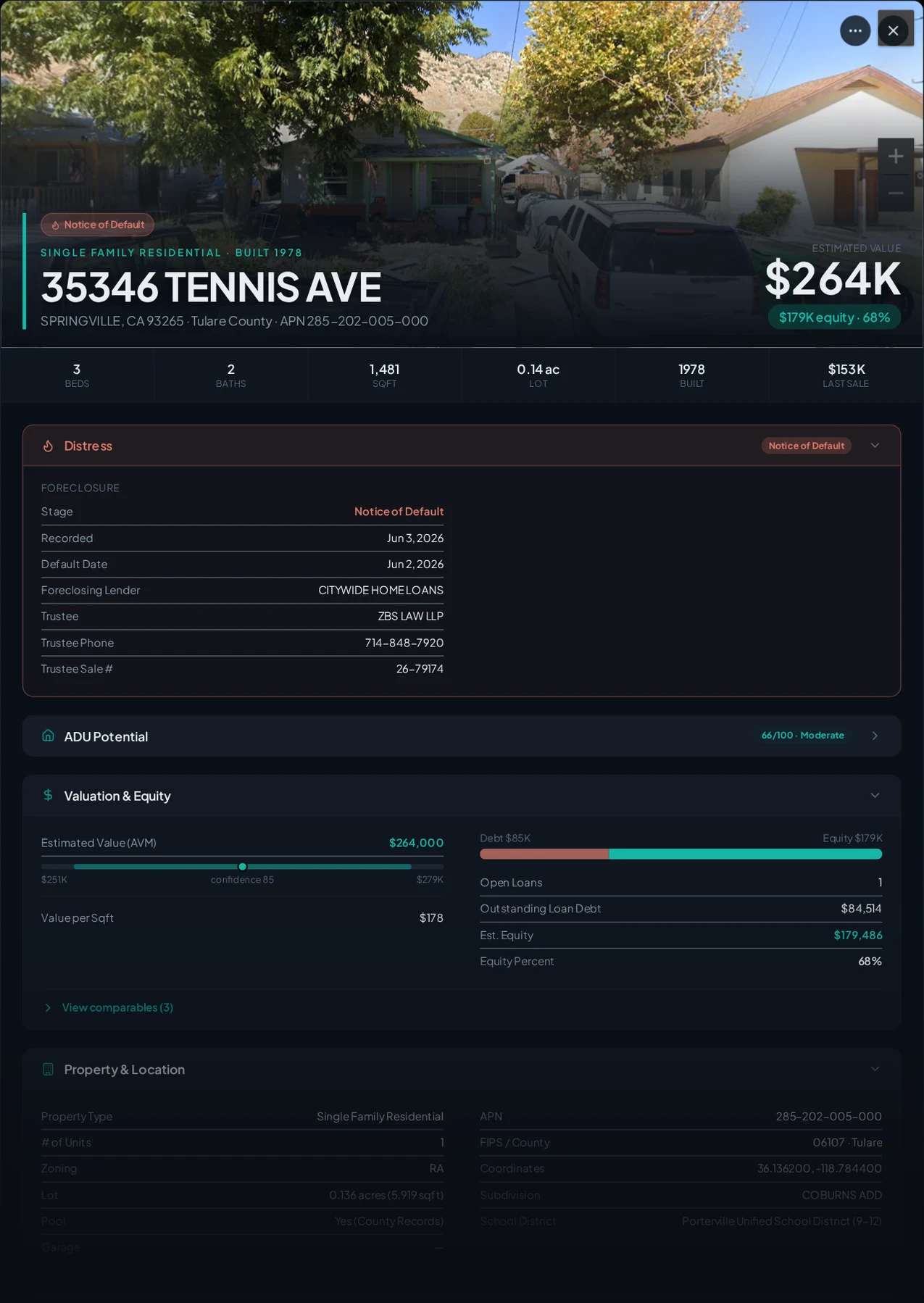 A real Springville, California foreclosure record in Properant — stage, recorded dates, lender, trustee, loans, liens, and equity on one page