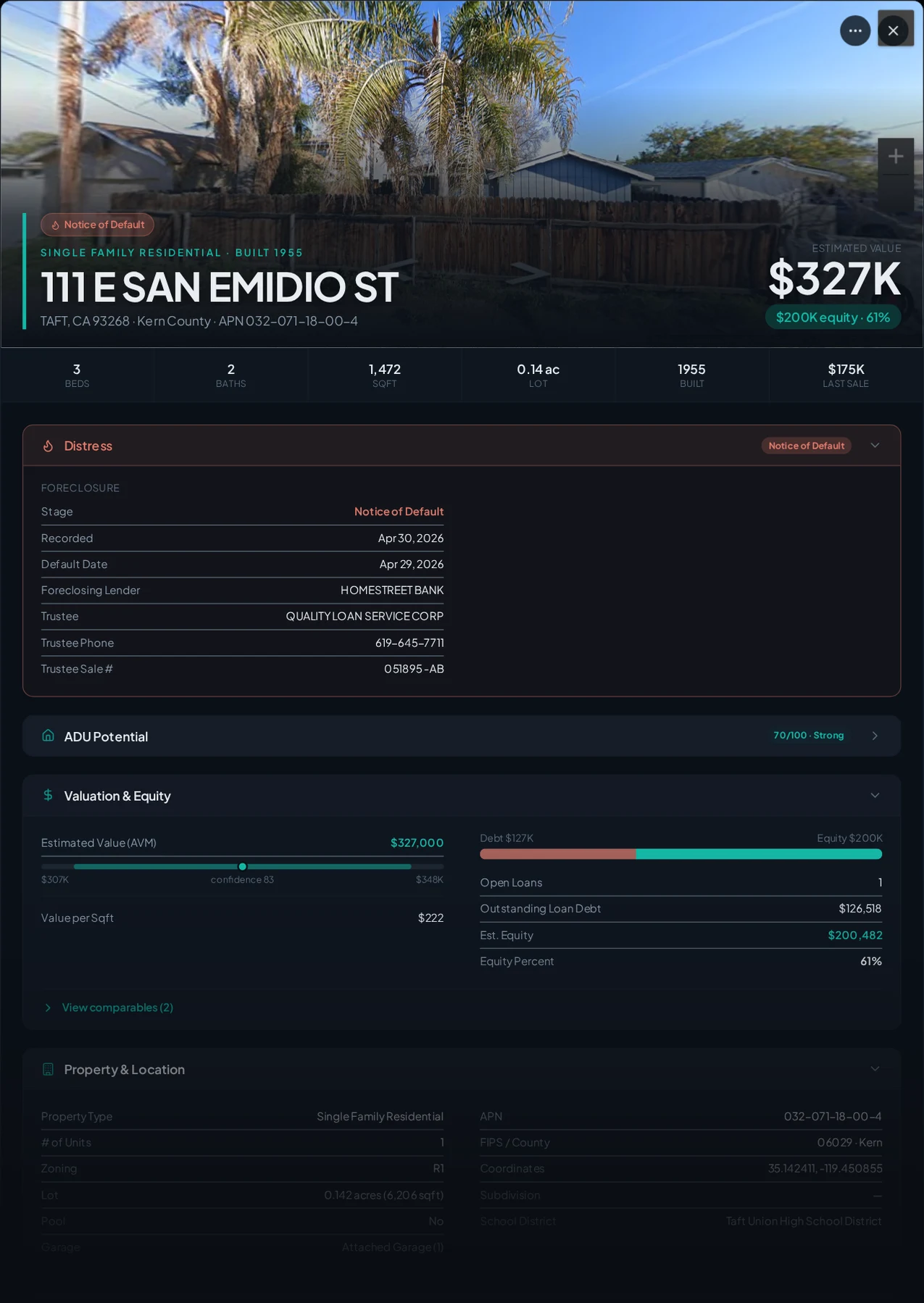 A real Taft, California foreclosure record in Properant — stage, recorded dates, lender, trustee, loans, liens, and equity on one page