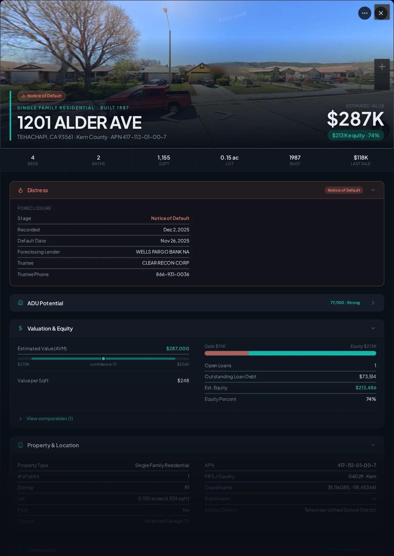 A real Tehachapi, California foreclosure record in Properant — stage, recorded dates, lender, trustee, loans, liens, and equity on one page