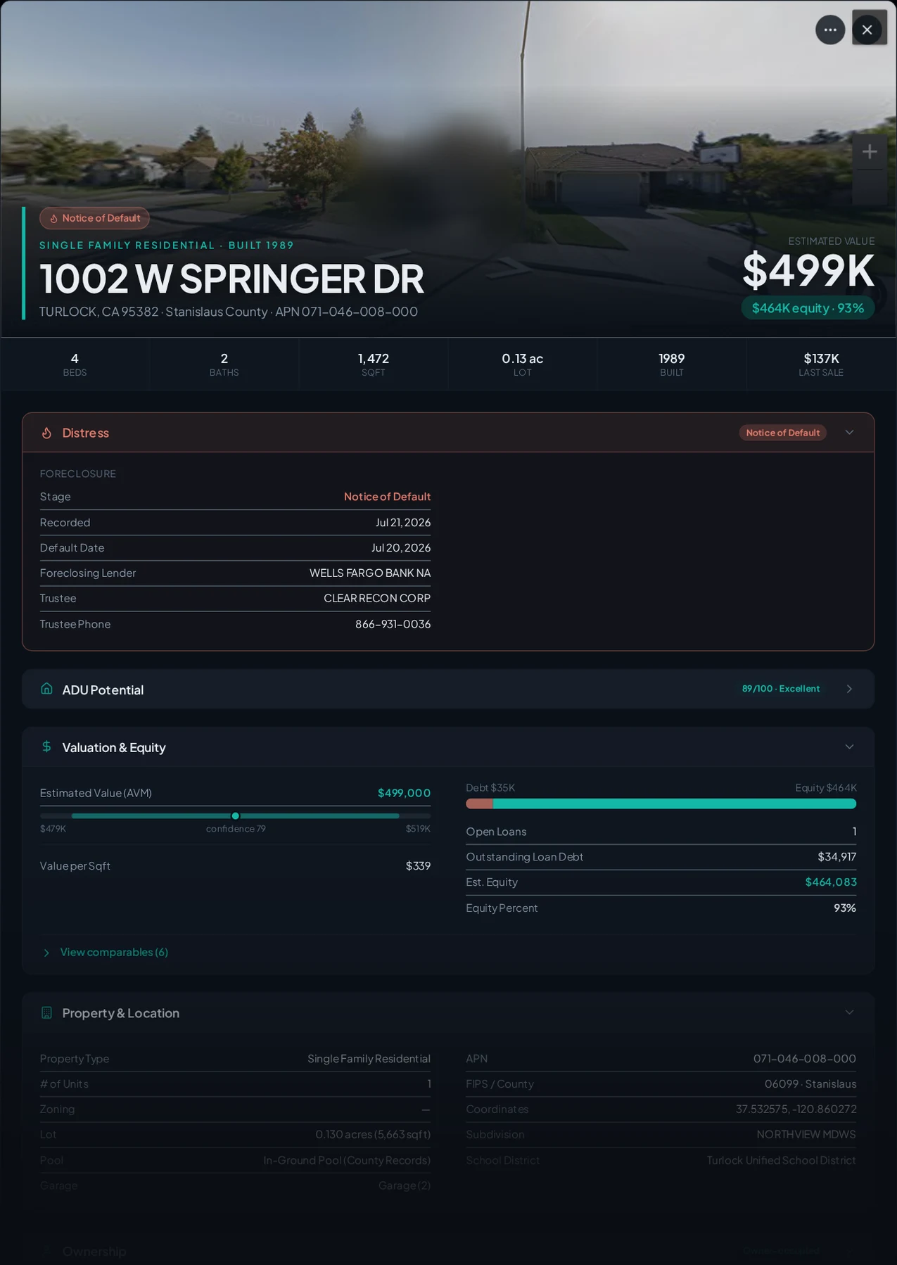 A real Turlock, California foreclosure record in Properant — stage, recorded dates, lender, trustee, loans, liens, and equity on one page