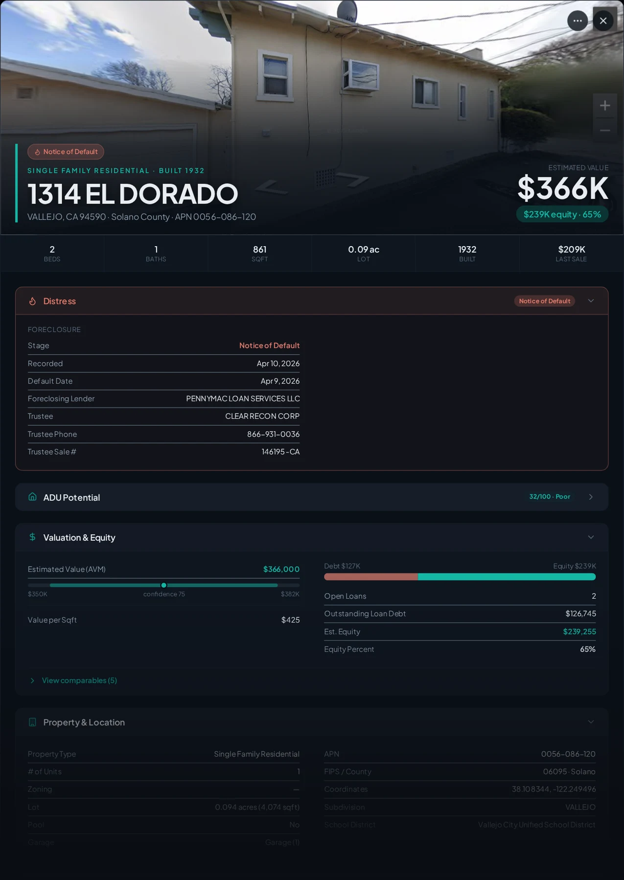 A real Vallejo, California foreclosure record in Properant — stage, recorded dates, lender, trustee, loans, liens, and equity on one page